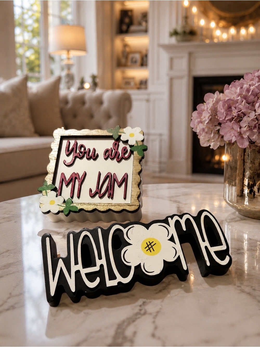 Welcome & You Are My Jam Decorative Table Signs - Pink, Yellow, White Small Wood